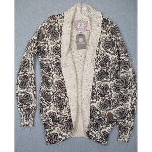 Womens Cardigan Medium Open Front Shawl Collar Cotton Paisley Maroon Red Boho